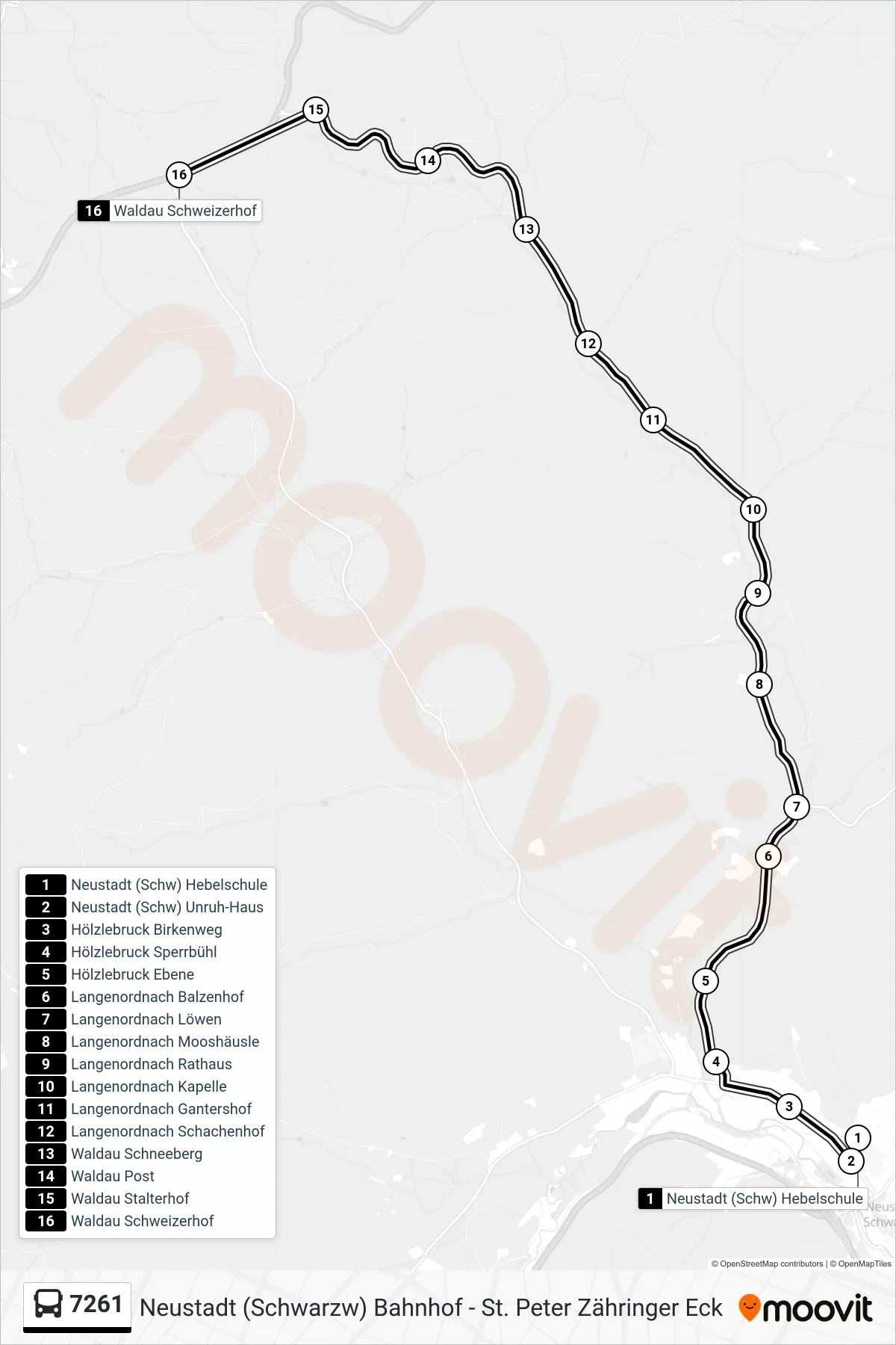 7261 bus Line (Waldau Schweizerhof) route and stops on a map