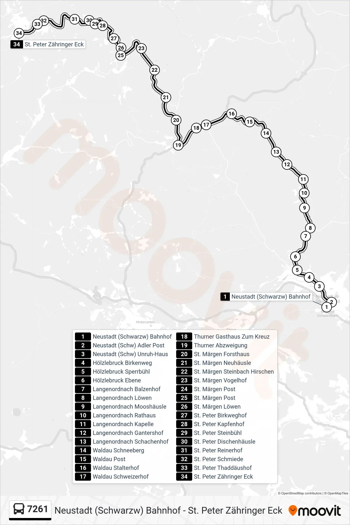 7261 bus Line (St. Peter Zähringer Eck) route and stops on a map