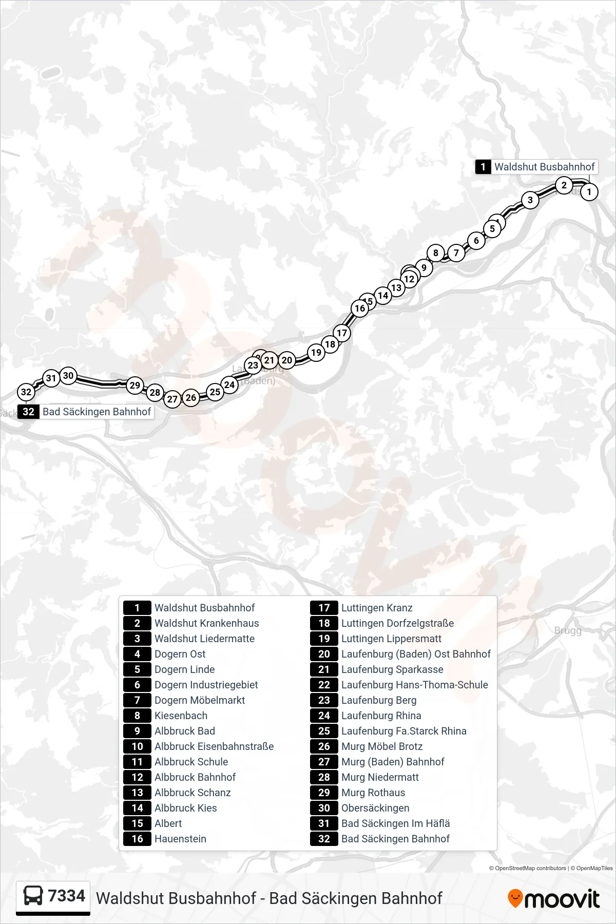 Linie 7334 (Bus) Richtung Bad Säckingen Bahnhof: Route und Haltestellen auf der Karte
