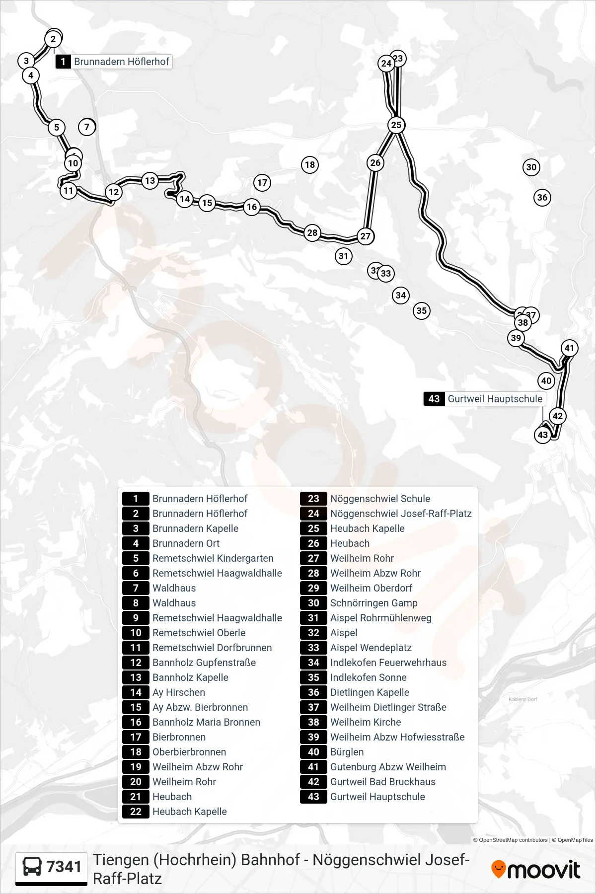 7341 bus Line (Gurtweil Hauptschule) route and stops on a map
