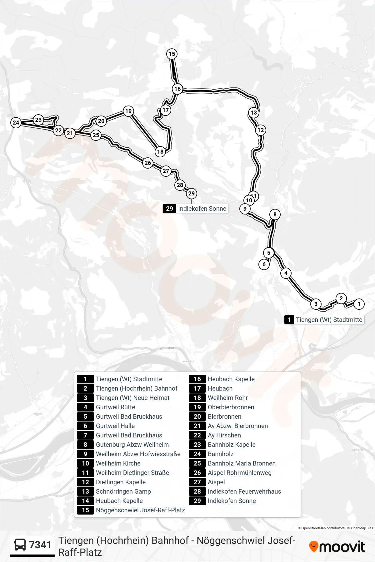 7341 bus Line (Indlekofen Sonne) route and stops on a map