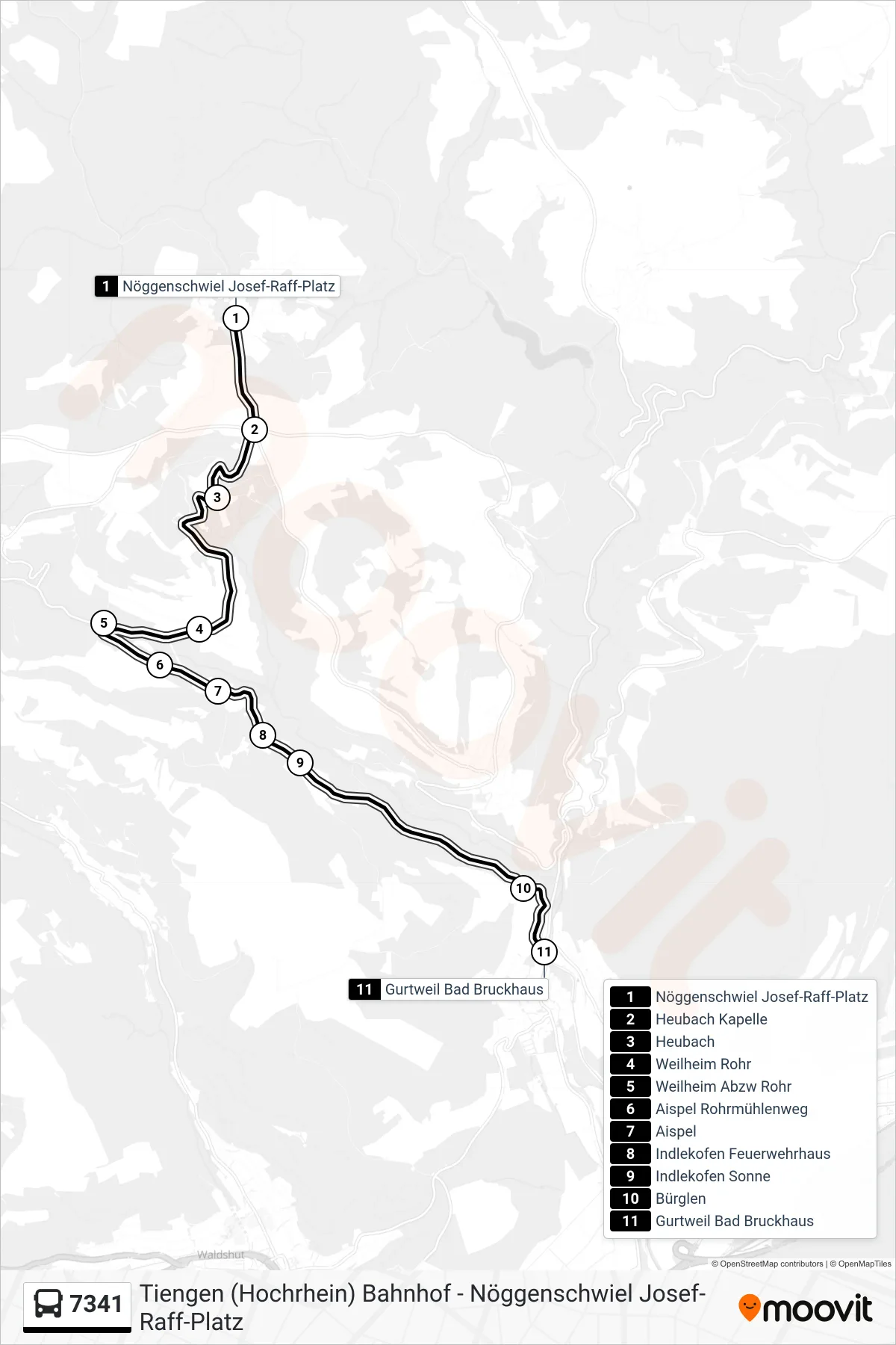 7341 bus Line (Gurtweil Bad Bruckhaus) route and stops on a map
