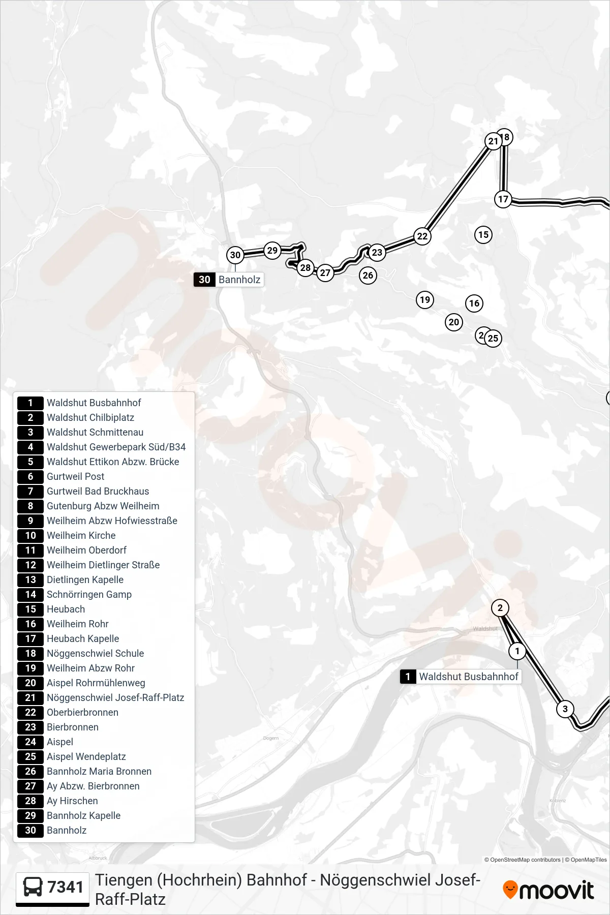 7341 bus Line (Bannholz) route and stops on a map