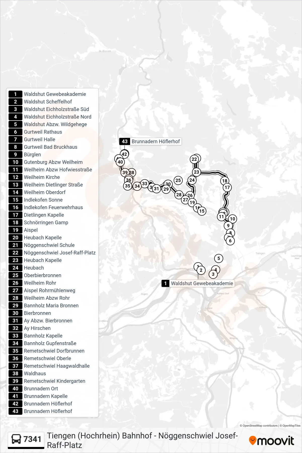7341 bus Line (Brunnadern Höflerhof) route and stops on a map
