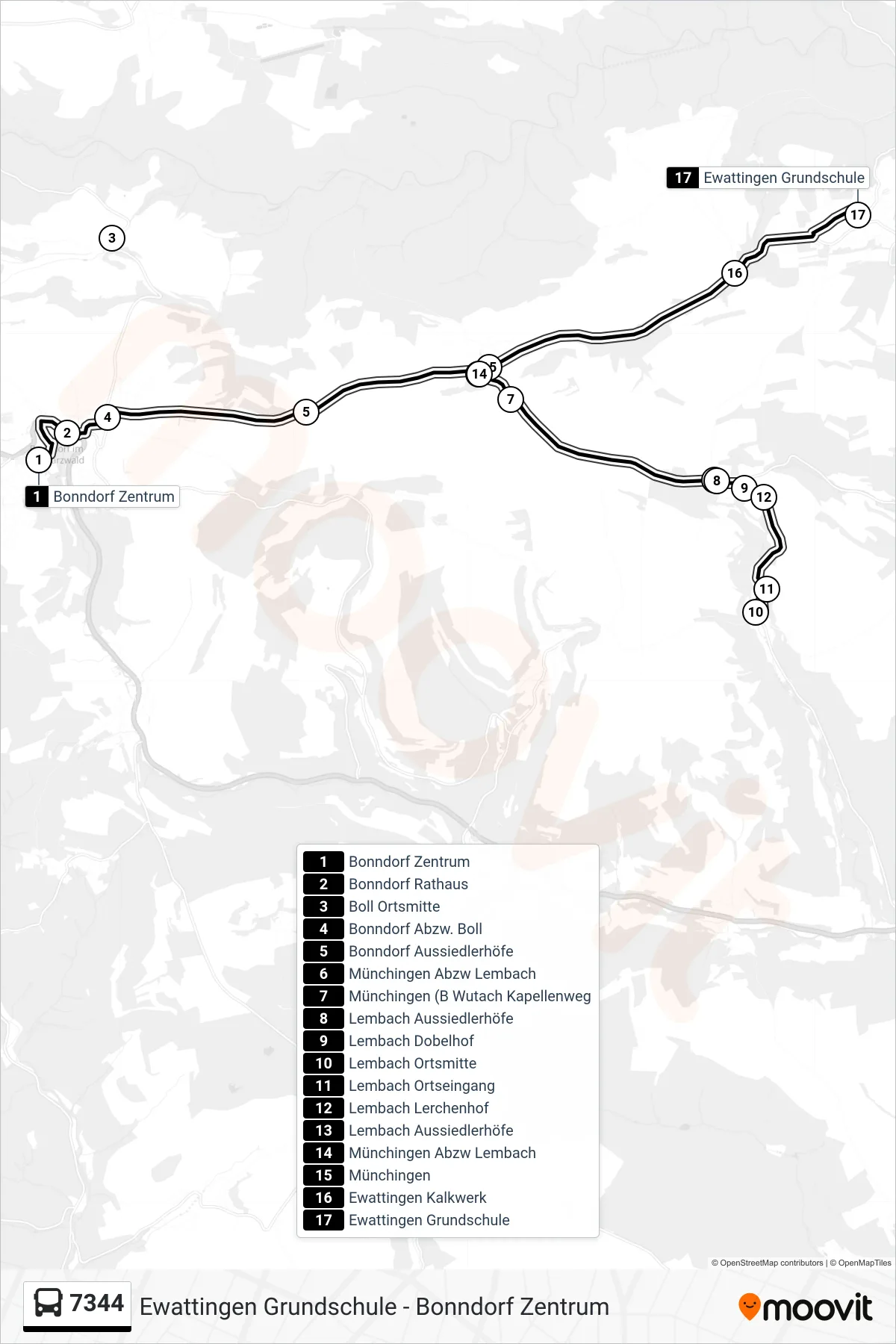 7344 bus Line (Ewattingen Grundschule) route and stops on a map