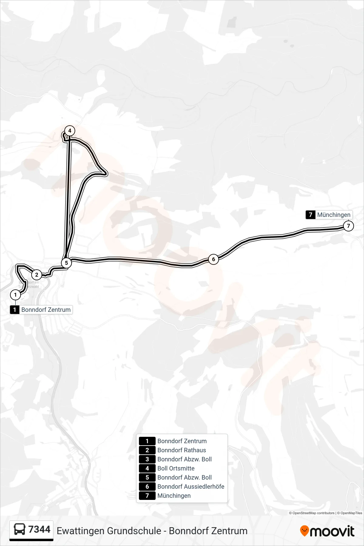 7344 bus Line (Münchingen) route and stops on a map