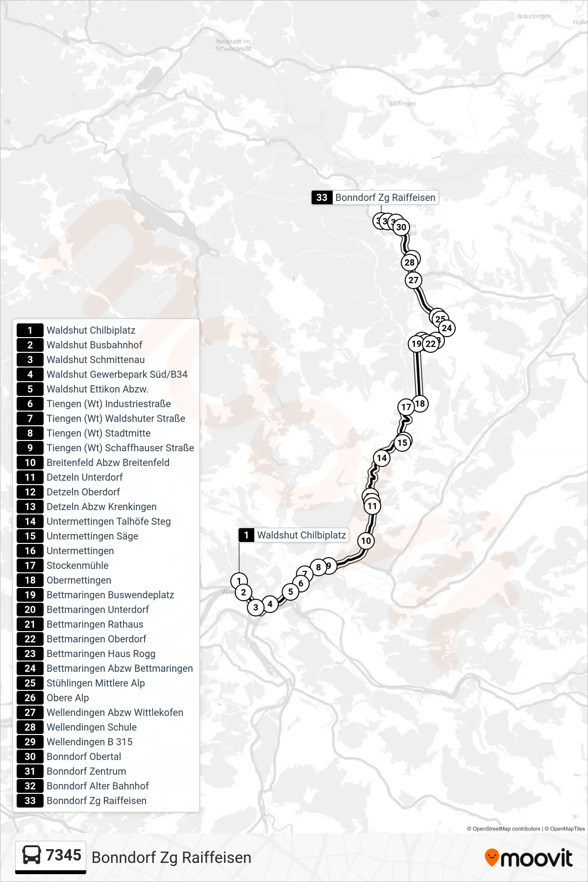 Linie 7345 (Bus) Richtung Bonndorf Zg Raiffeisen: Route und Haltestellen auf der Karte