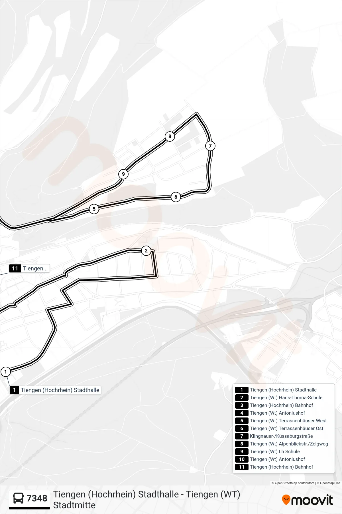 7348 bus Line (Tiengen (Hochrhein) Bahnhof) route and stops on a map