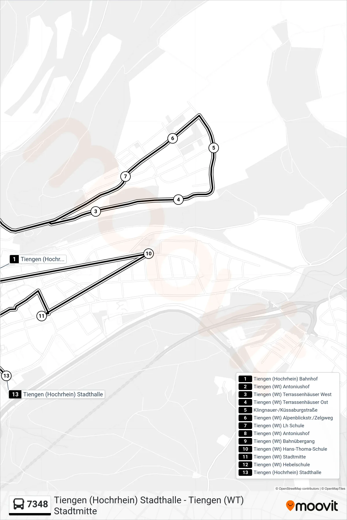 7348 bus Line (Tiengen (Hochrhein) Stadthalle) route and stops on a map