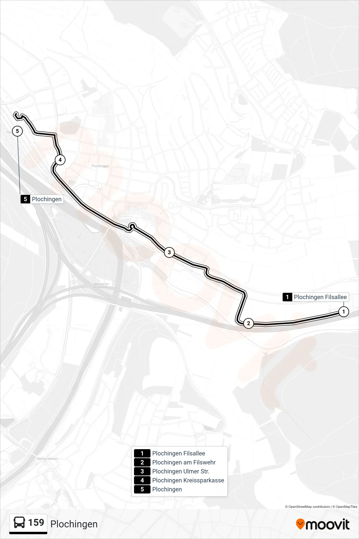 Linie 159 (Bus) Richtung Plochingen: Route und Haltestellen auf der Karte