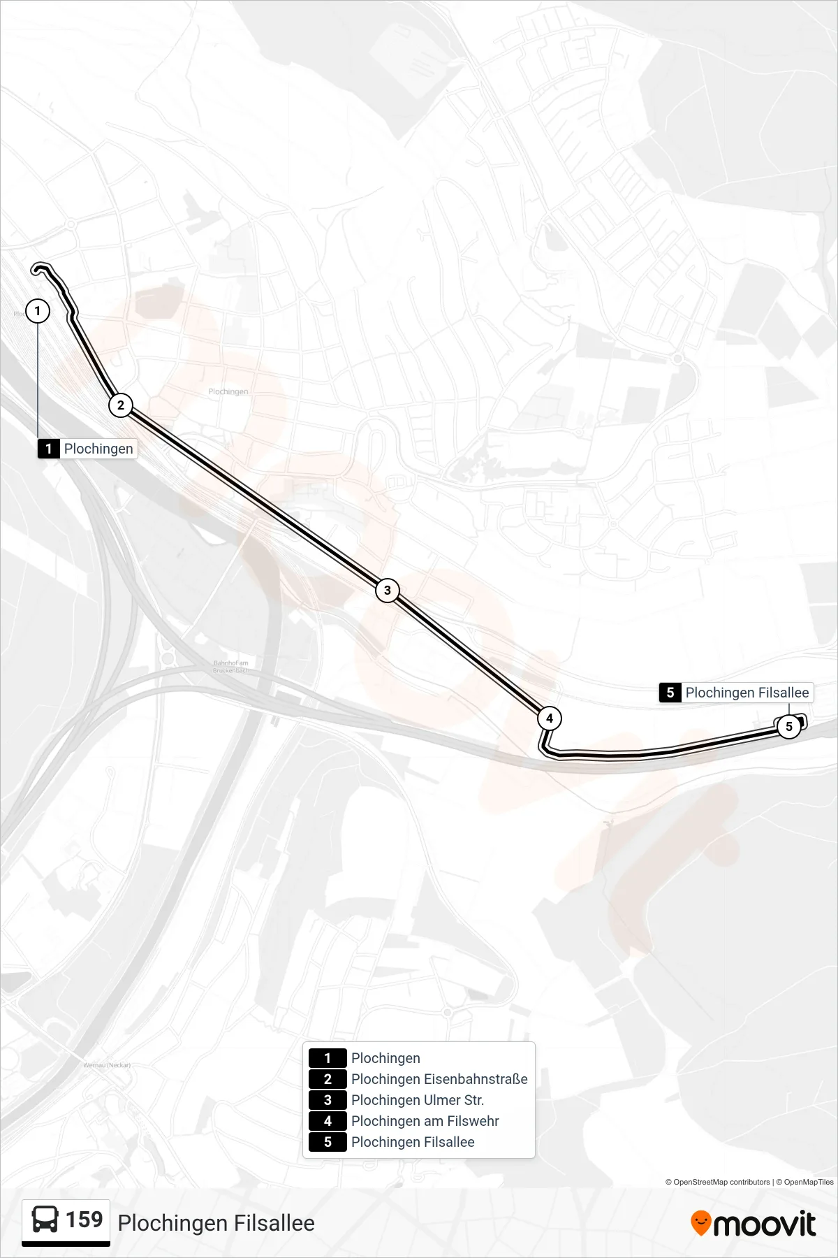 Linie 159 (Bus) Richtung Plochingen Filsallee: Route und Haltestellen auf der Karte