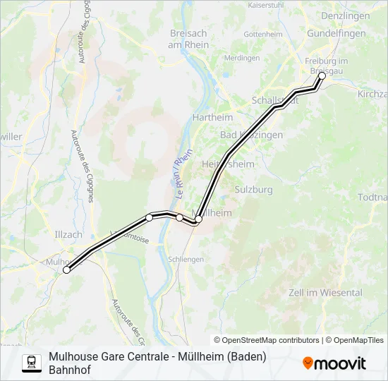 Поезд MULHOUSE GARE CENTRALE - MÜLLHEIM (BADEN) BAHNHOF: карта маршрута