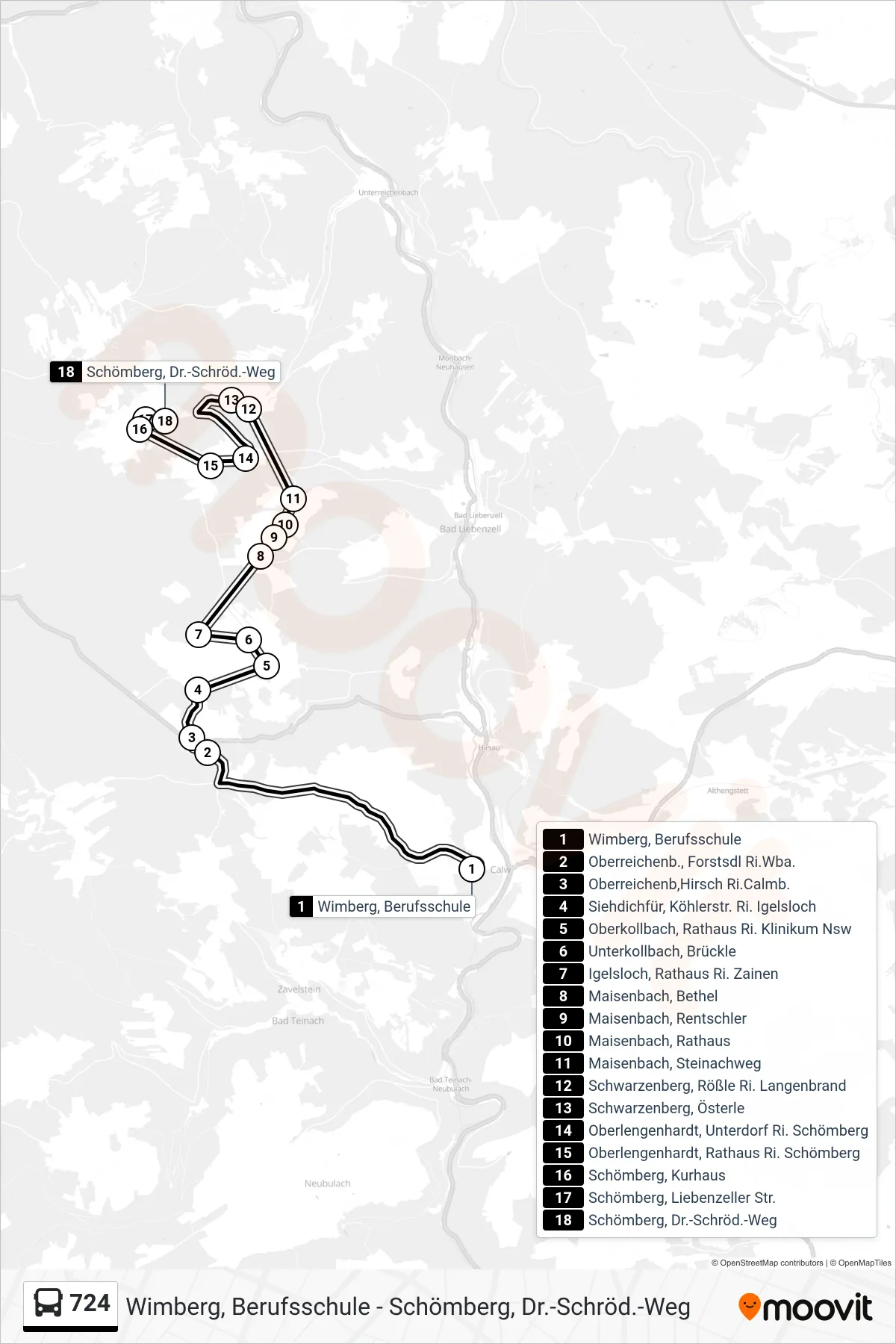 Linie 724 (Bus) Richtung Schömberg, Dr.-Schröd.-Weg: Route und Haltestellen auf der Karte