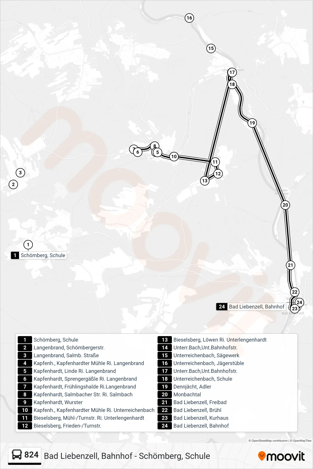 824 bus Line (Bad Liebenzell, Bahnhof) route and stops on a map