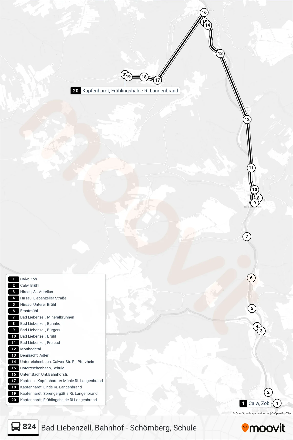 824 bus Line (Kapfenhardt, Frühlingshalde) route and stops on a map