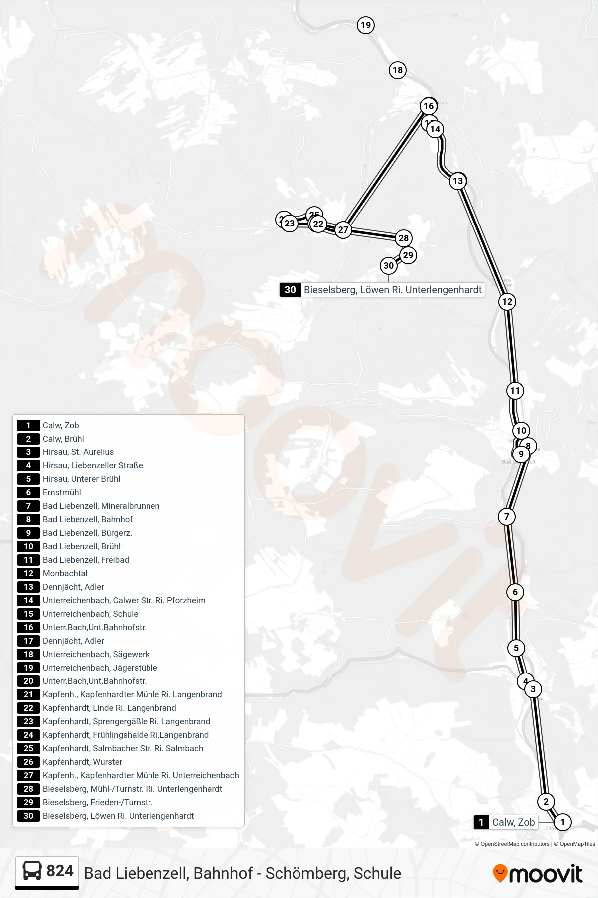 824 bus Line (Bieselsberg, Löwen) route and stops on a map