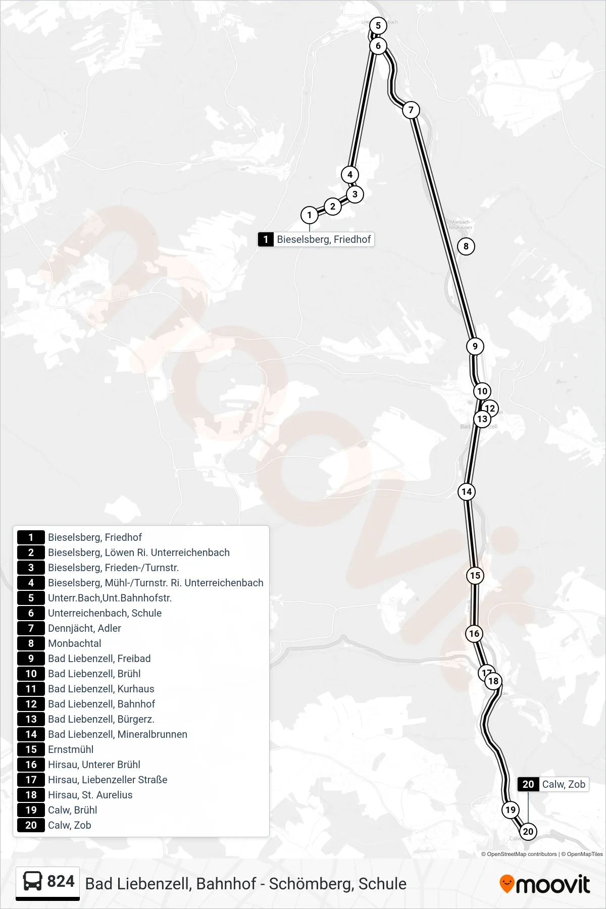 824 bus Line (Calw, Zob) route and stops on a map