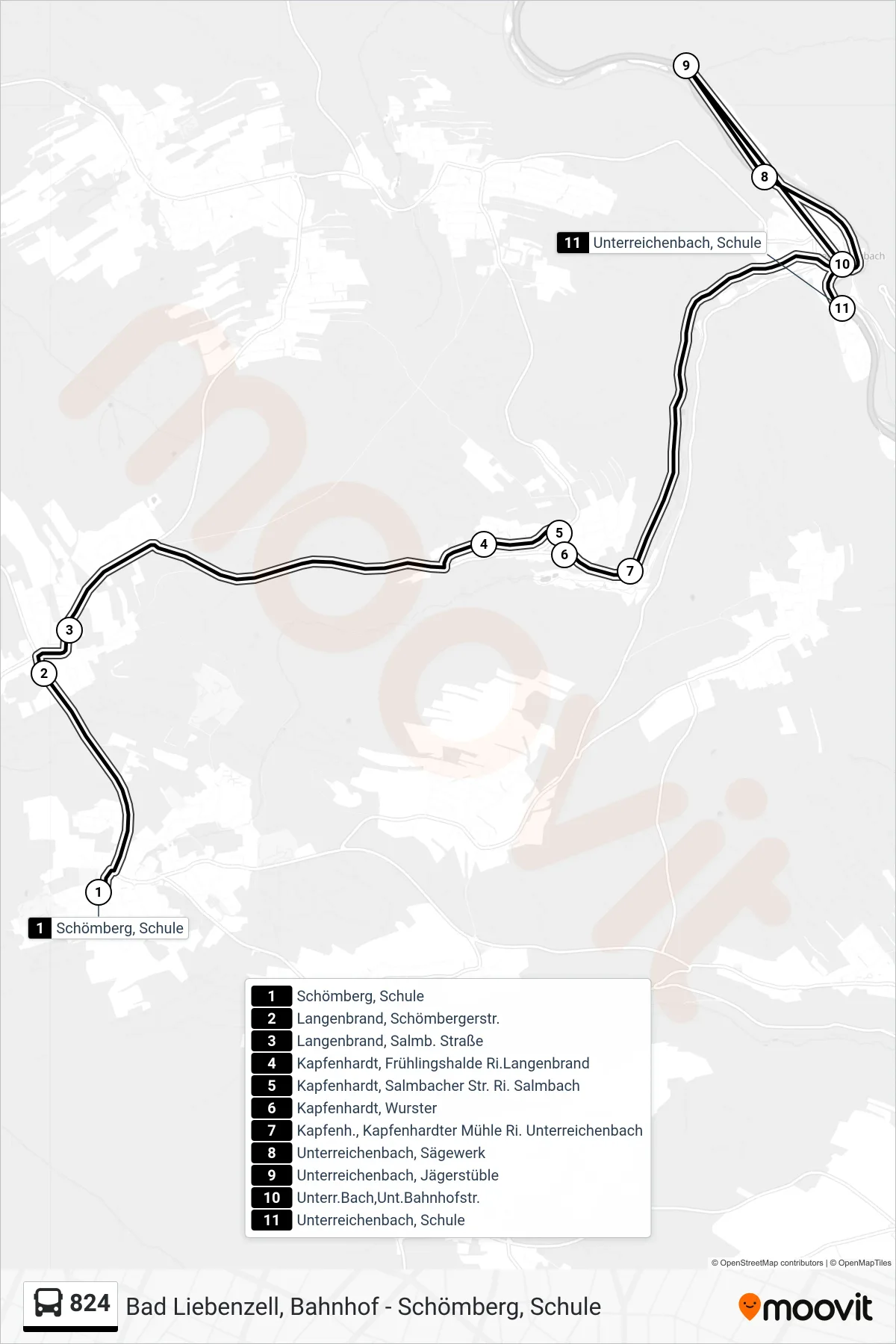 824 bus Line (Unterreichenbach, Schule) route and stops on a map