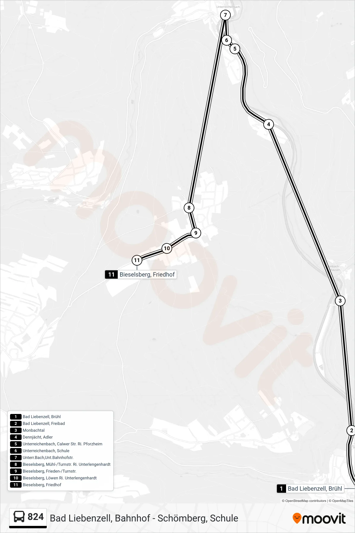 Linie 824 (Bus) Richtung Bieselsberg, Friedhof: Route und Haltestellen auf der Karte
