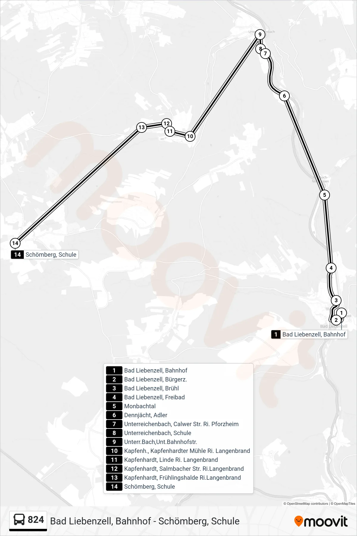 824 bus Line (Schömberg, Schule) route and stops on a map