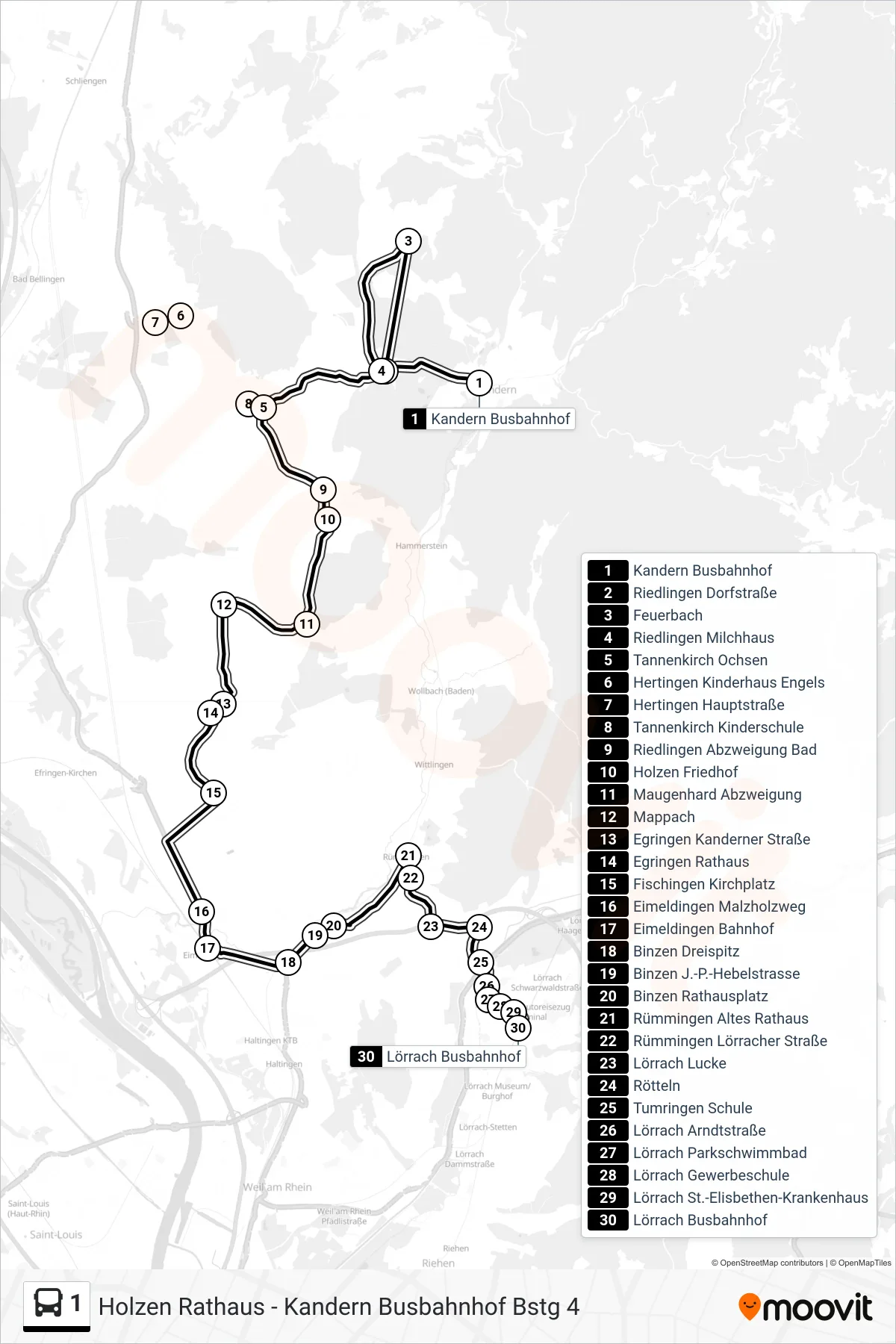 1 bus Line (Lörrach Busbahnhof Bstg 9) route and stops on a map