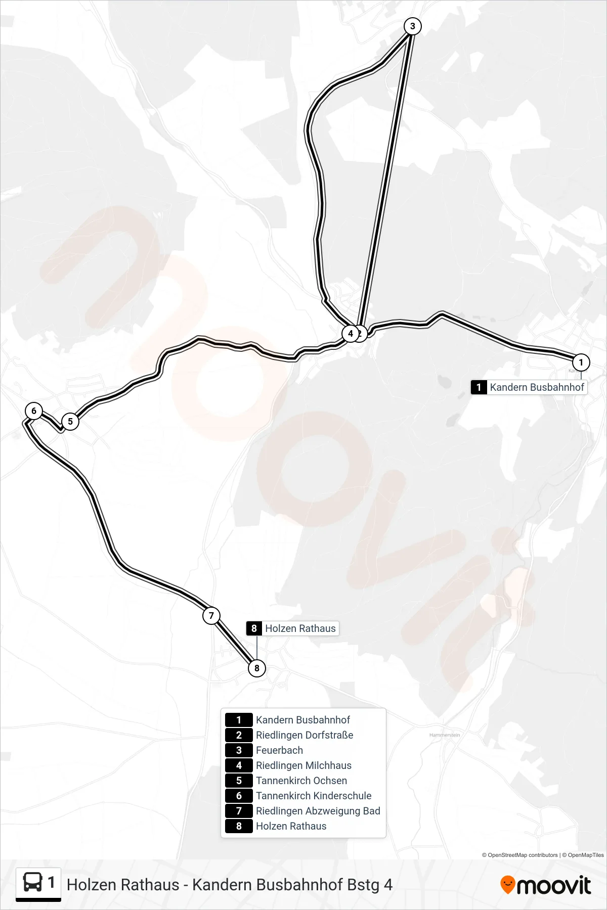 1 bus Line (Holzen Rathaus) route and stops on a map