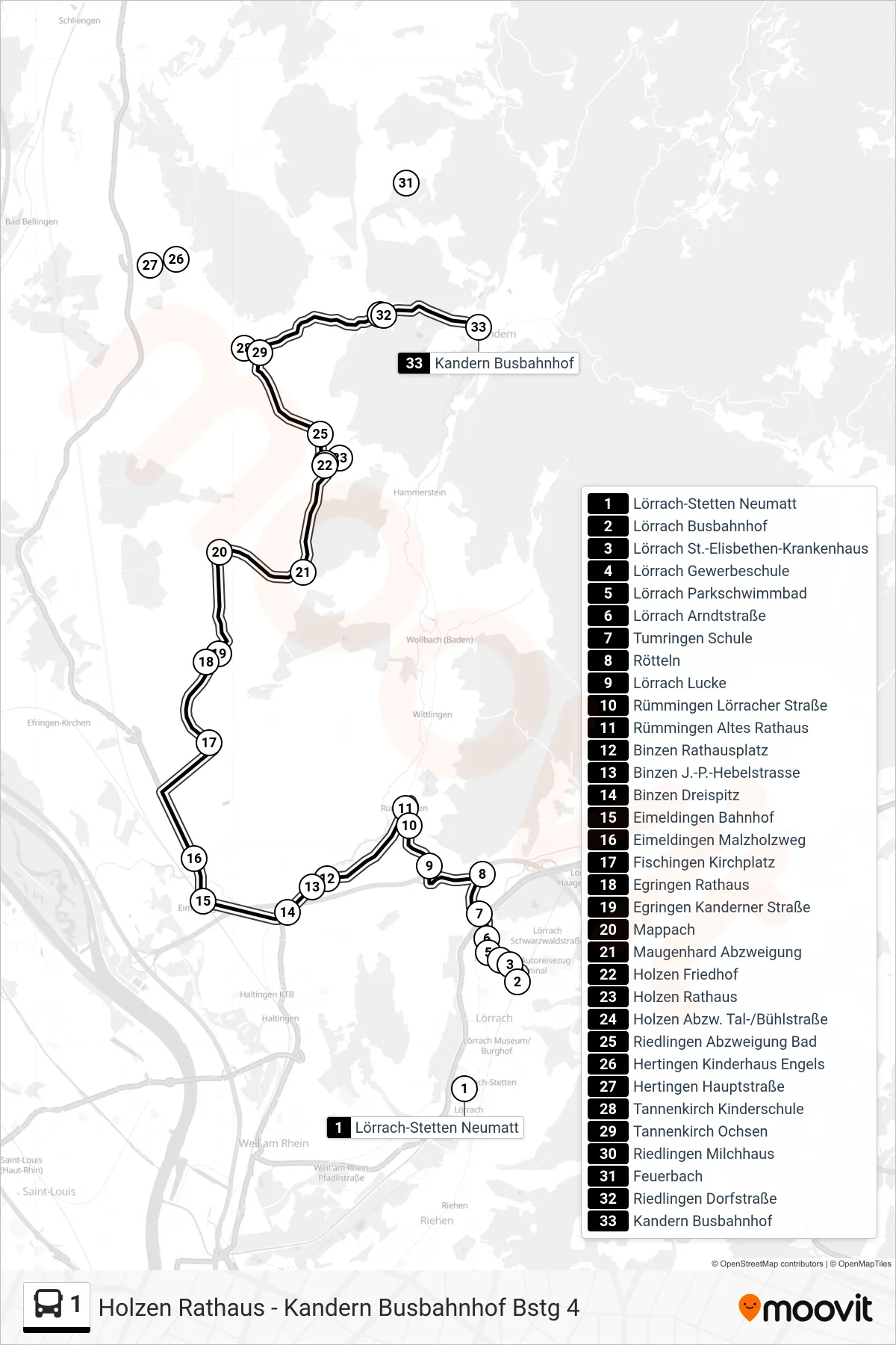 Linie 1 (Bus) Richtung Kandern Busbahnhof Bstg 4: Route und Haltestellen auf der Karte