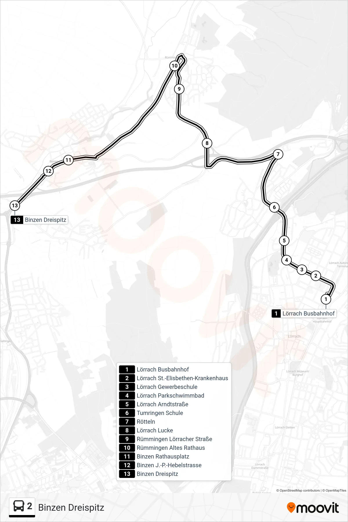 2 bus Line (Binzen Dreispitz) route and stops on a map