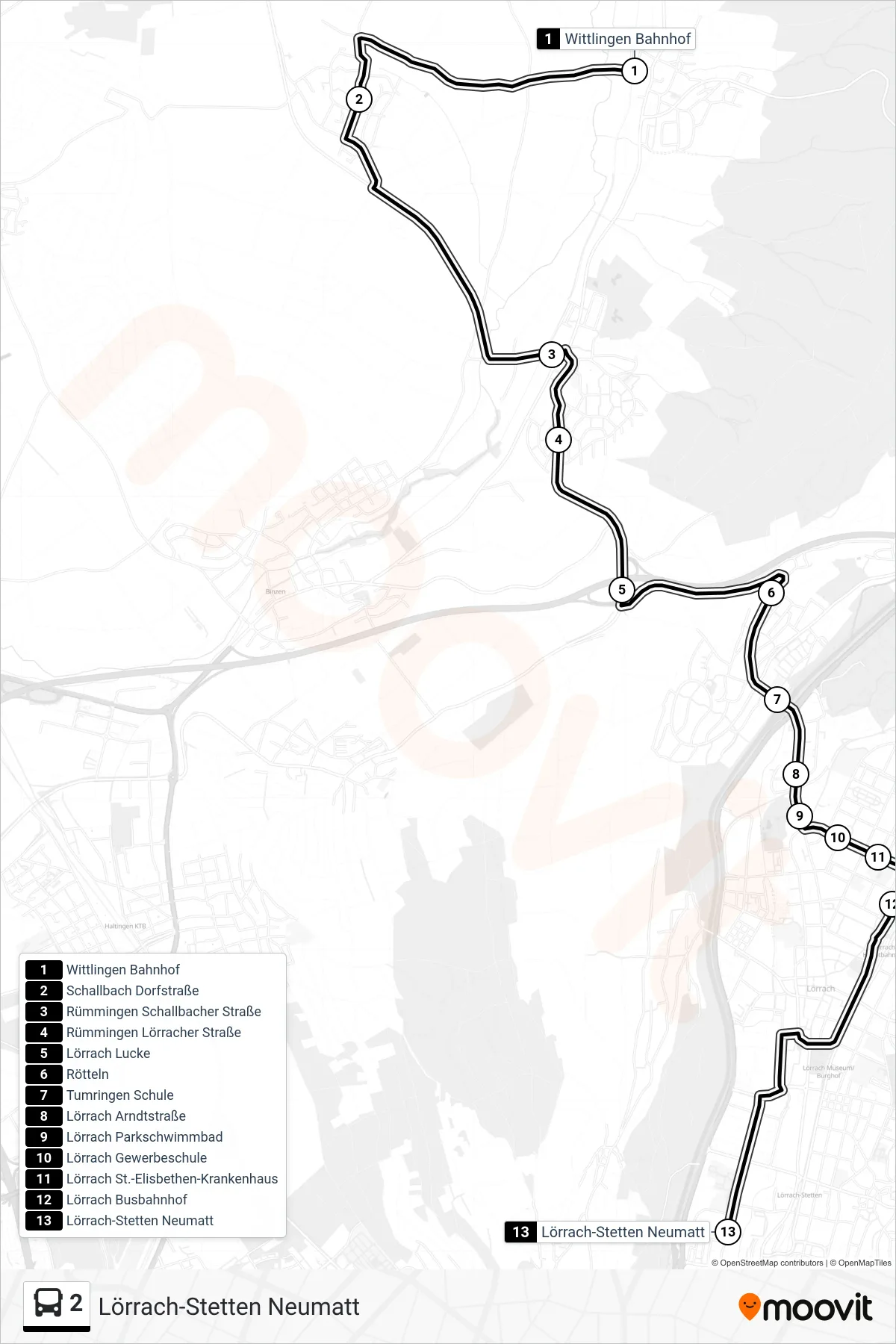 2 bus Line (Lörrach-Stetten Neumatt) route and stops on a map