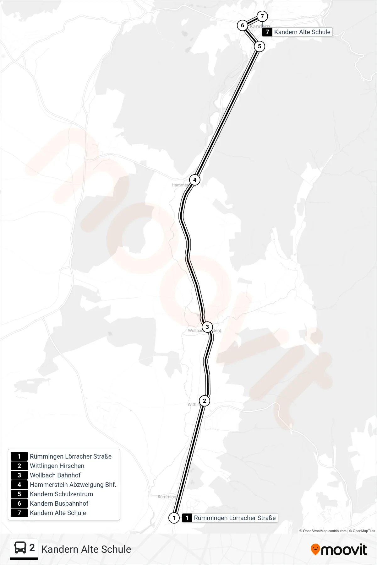 2 bus Line (Kandern Alte Schule) route and stops on a map