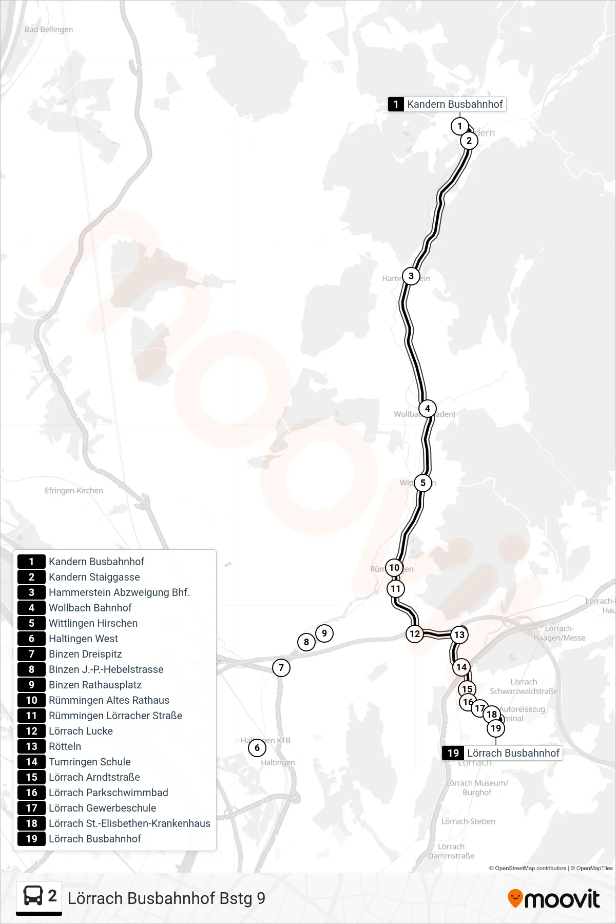 2 bus Line (Lörrach Busbahnhof Bstg 9) route and stops on a map