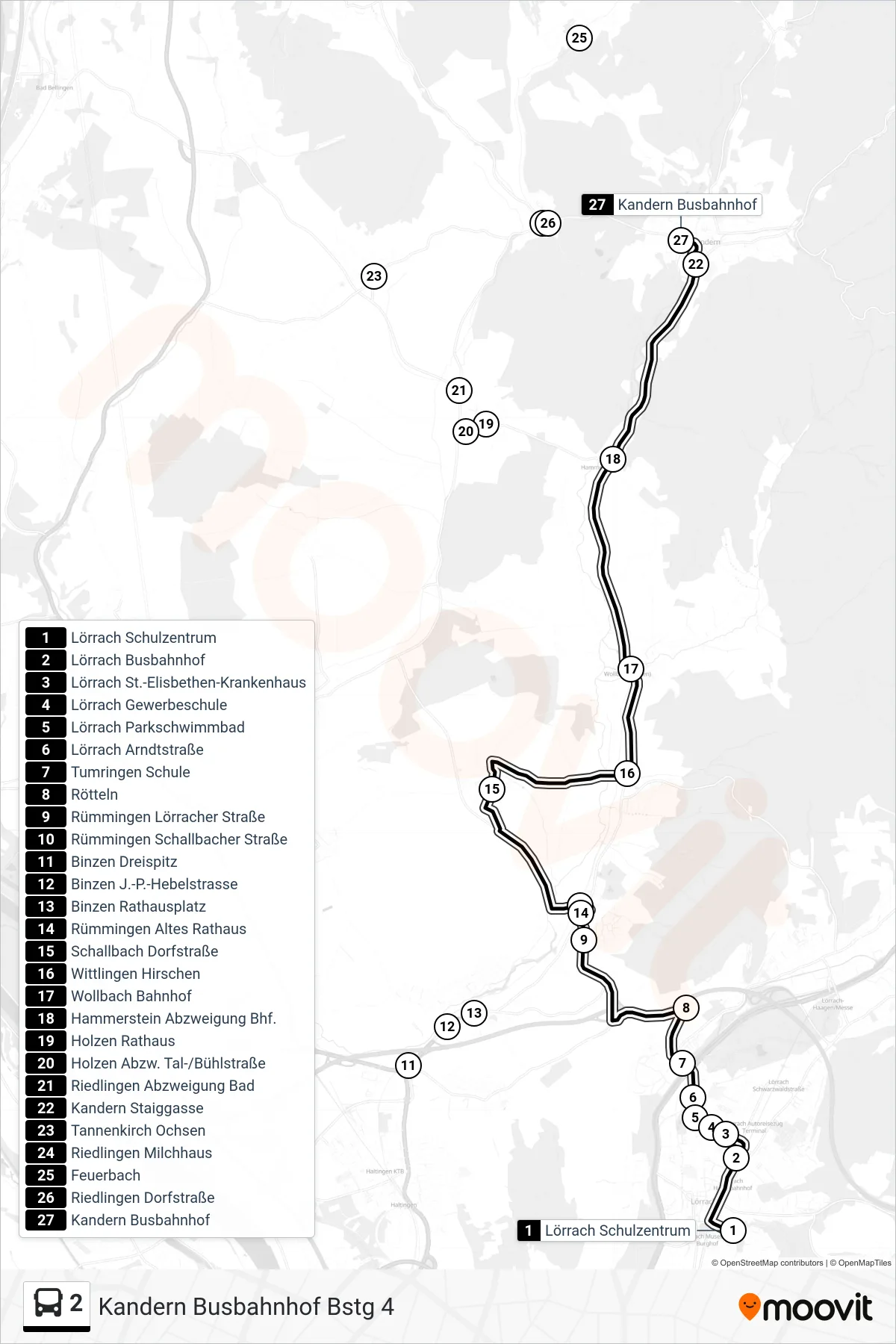 Linie 2 (Bus) Richtung Kandern Busbahnhof Bstg 4: Route und Haltestellen auf der Karte