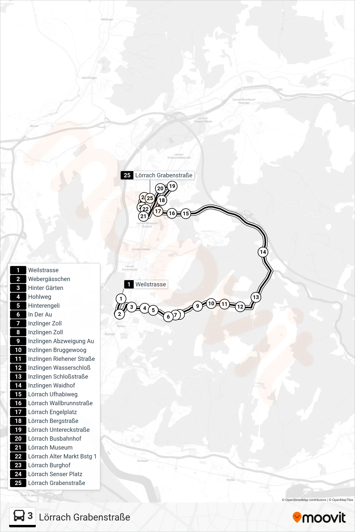 3 bus Line (Lörrach Grabenstraße) route and stops on a map