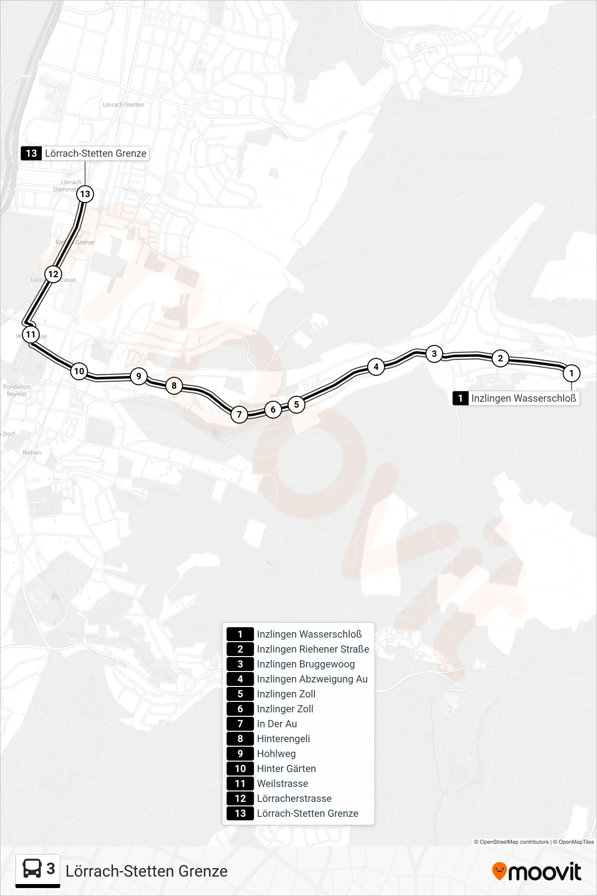 3 bus Line (Lörrach-Stetten Grenze) route and stops on a map