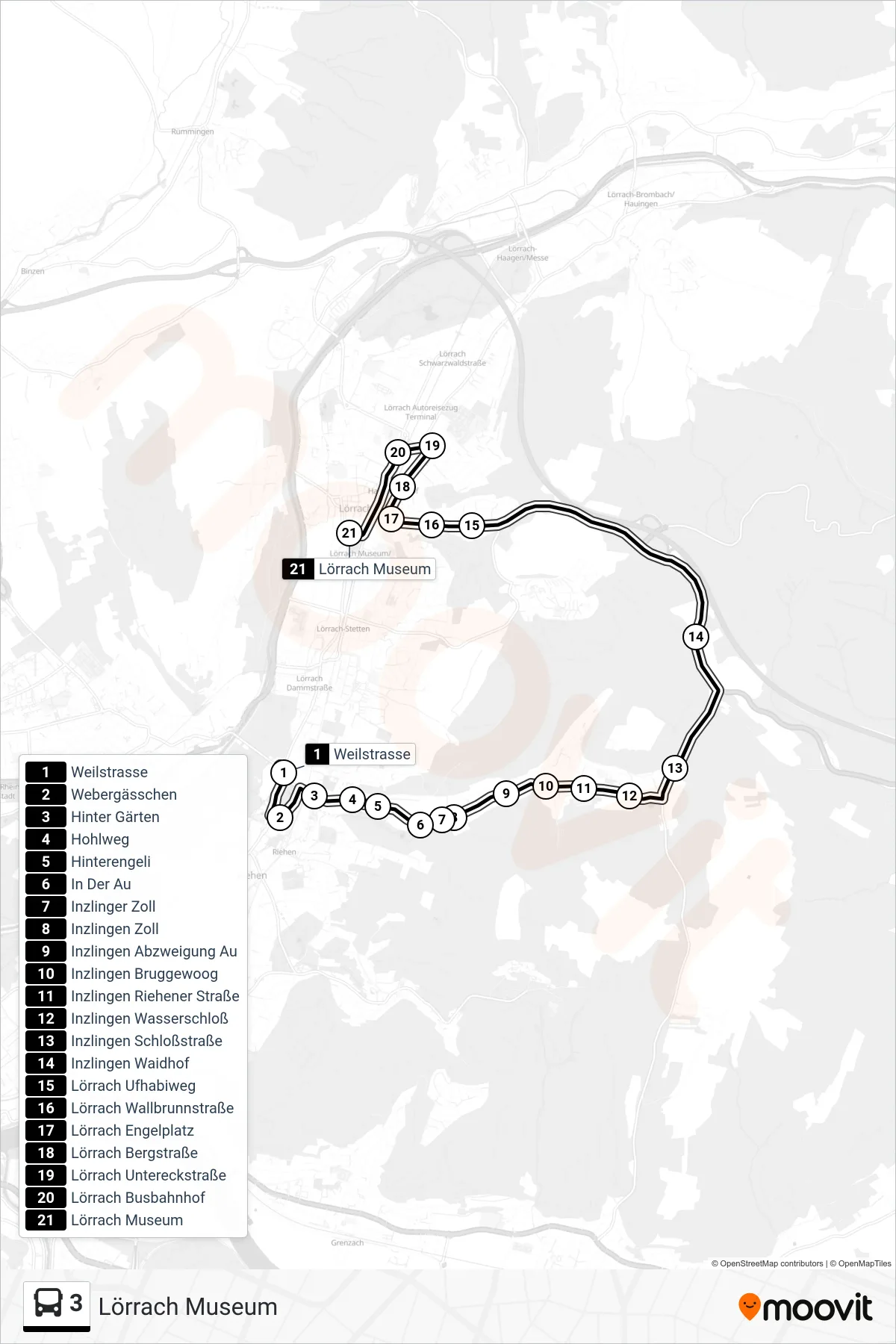 3 bus Line (Lörrach Museum) route and stops on a map
