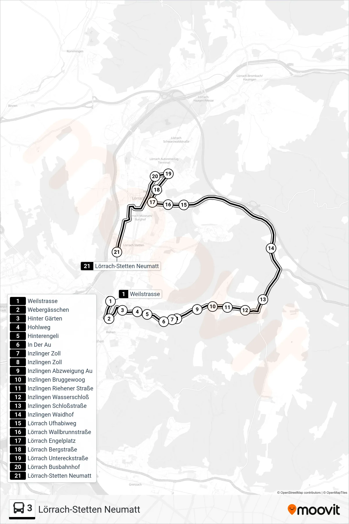 3 bus Line (Lörrach-Stetten Neumatt) route and stops on a map