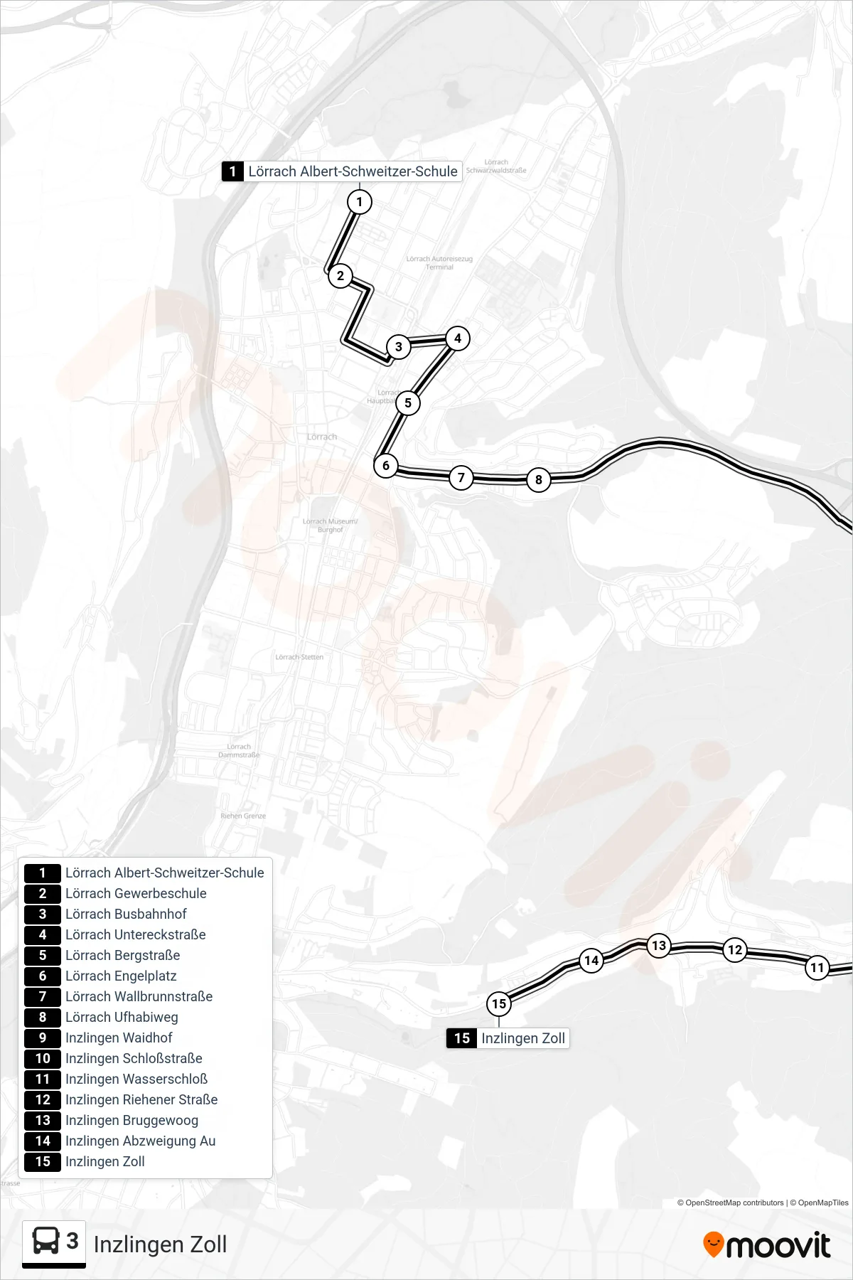 3 bus Line (Inzlingen Zoll) route and stops on a map