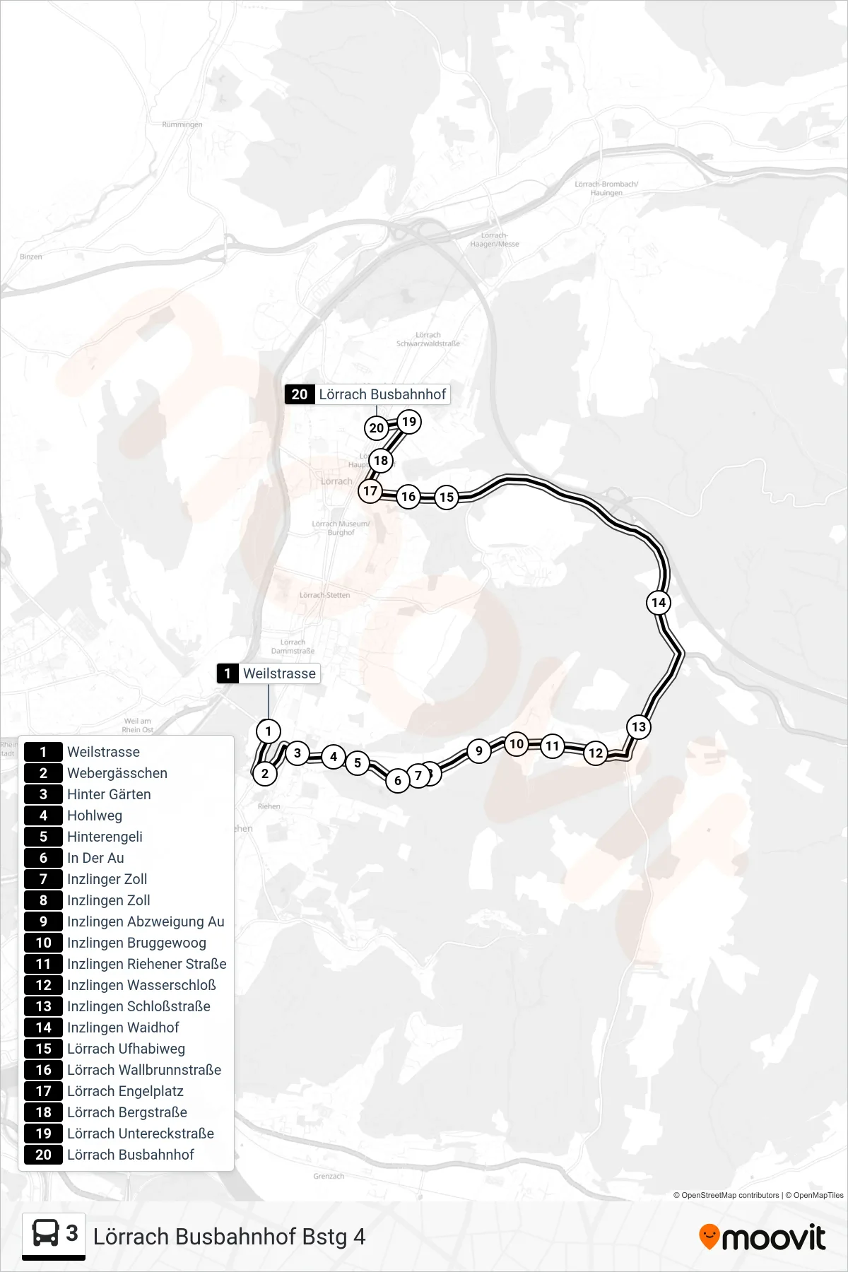 3 bus Line (Lörrach Busbahnhof Bstg 4) route and stops on a map