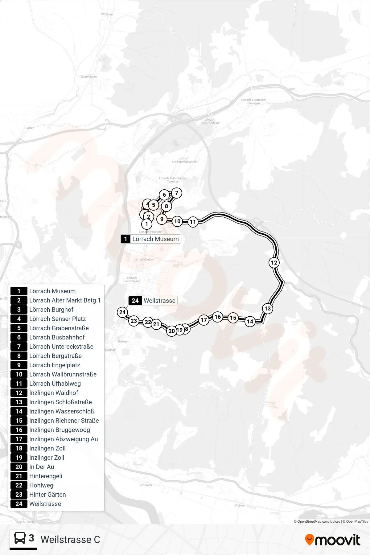 3 bus Line (Weilstrasse C) route and stops on a map