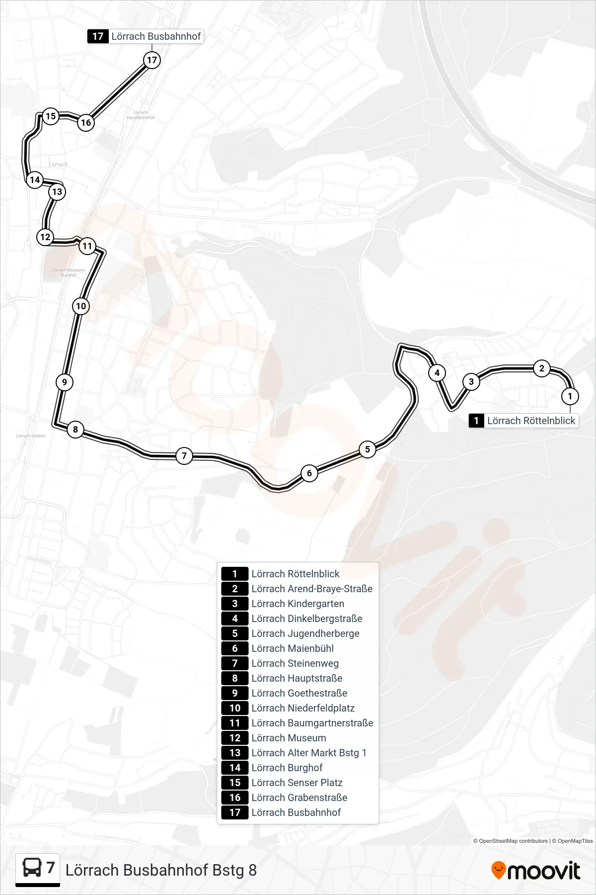 7 bus Line (Lörrach Busbahnhof Bstg 8) route and stops on a map