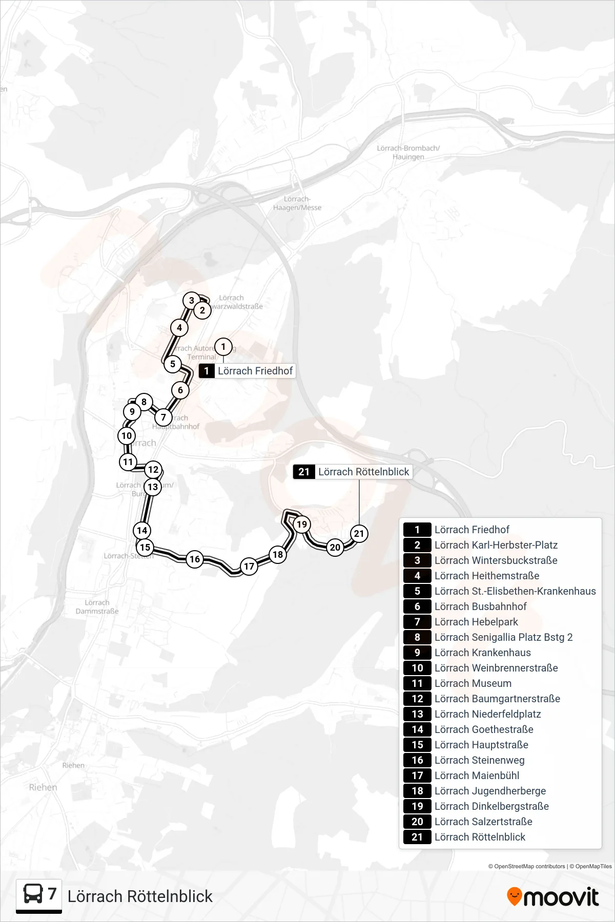 7 bus Line (Lörrach Röttelnblick) route and stops on a map