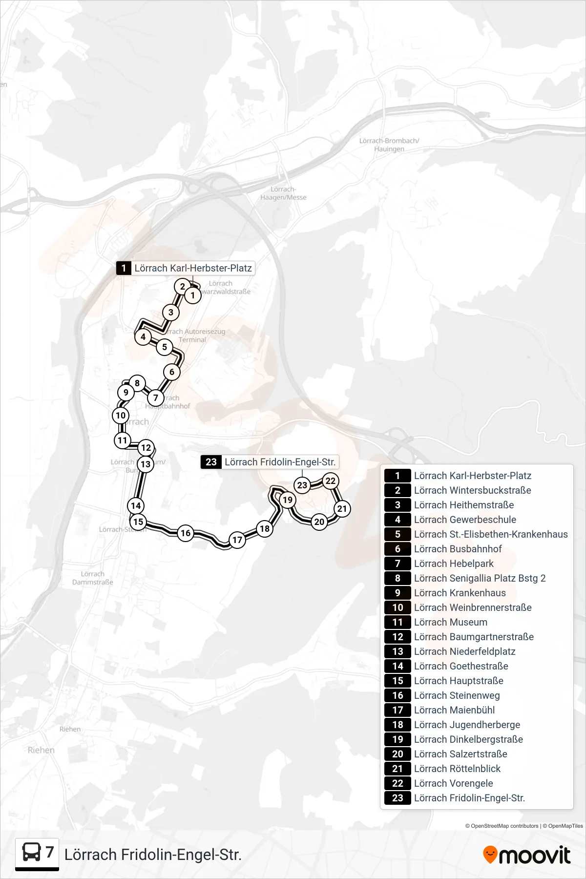 7 bus Line (Lörrach Fridolin-Engel-Str.) route and stops on a map