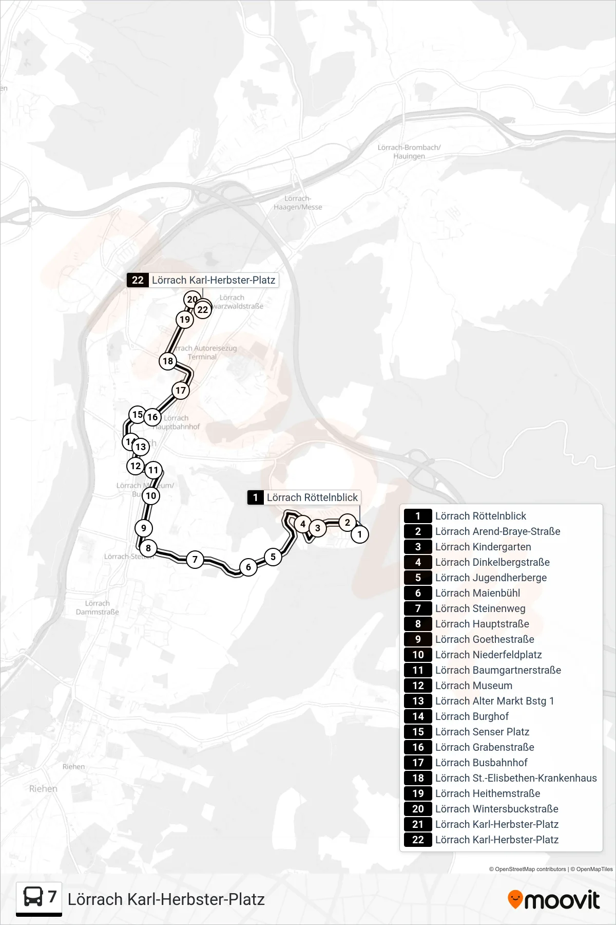 7 bus Line (Lörrach Karl-Herbster-Platz) route and stops on a map