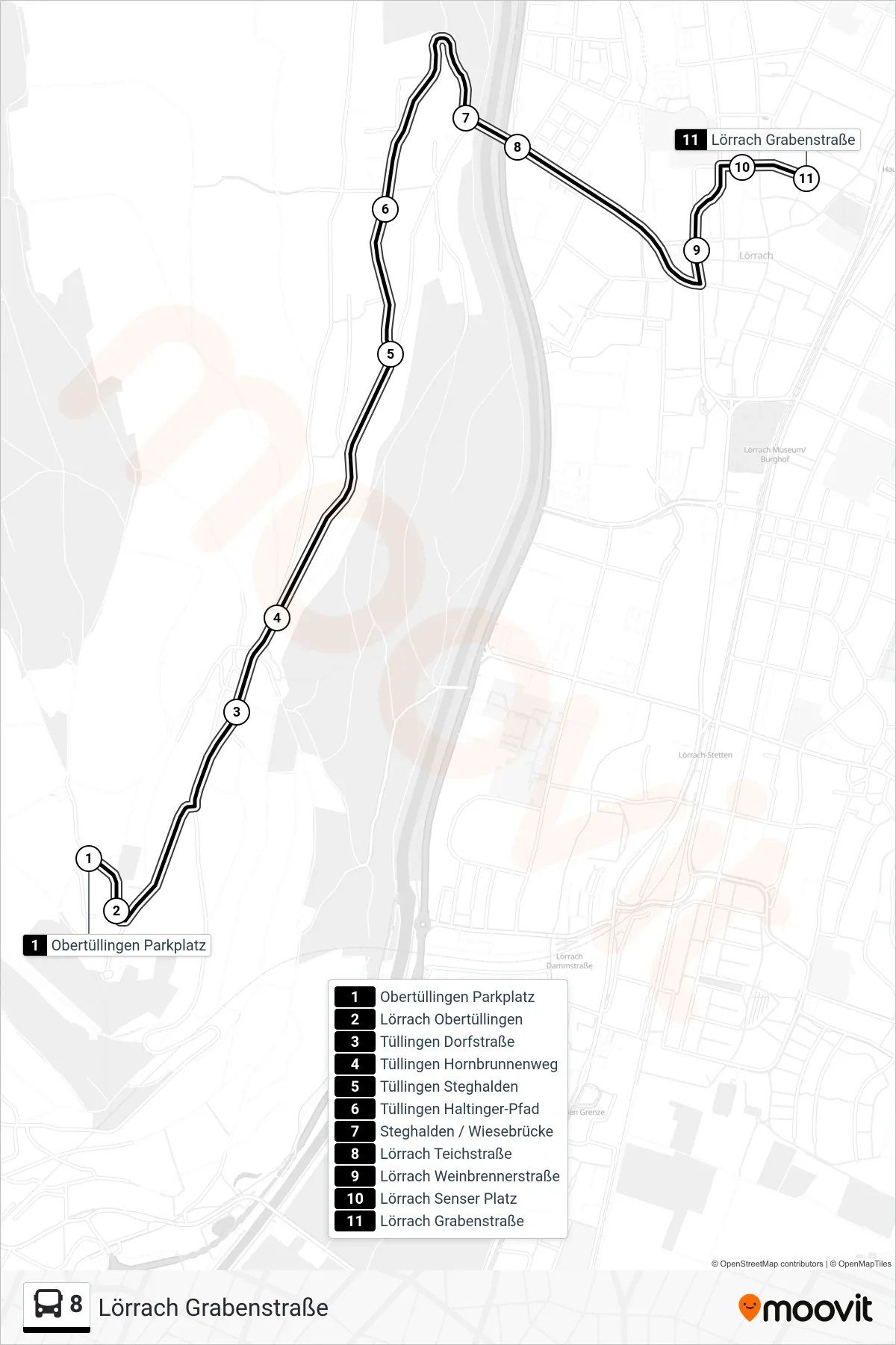 8 bus Line (Lörrach Grabenstraße) route and stops on a map