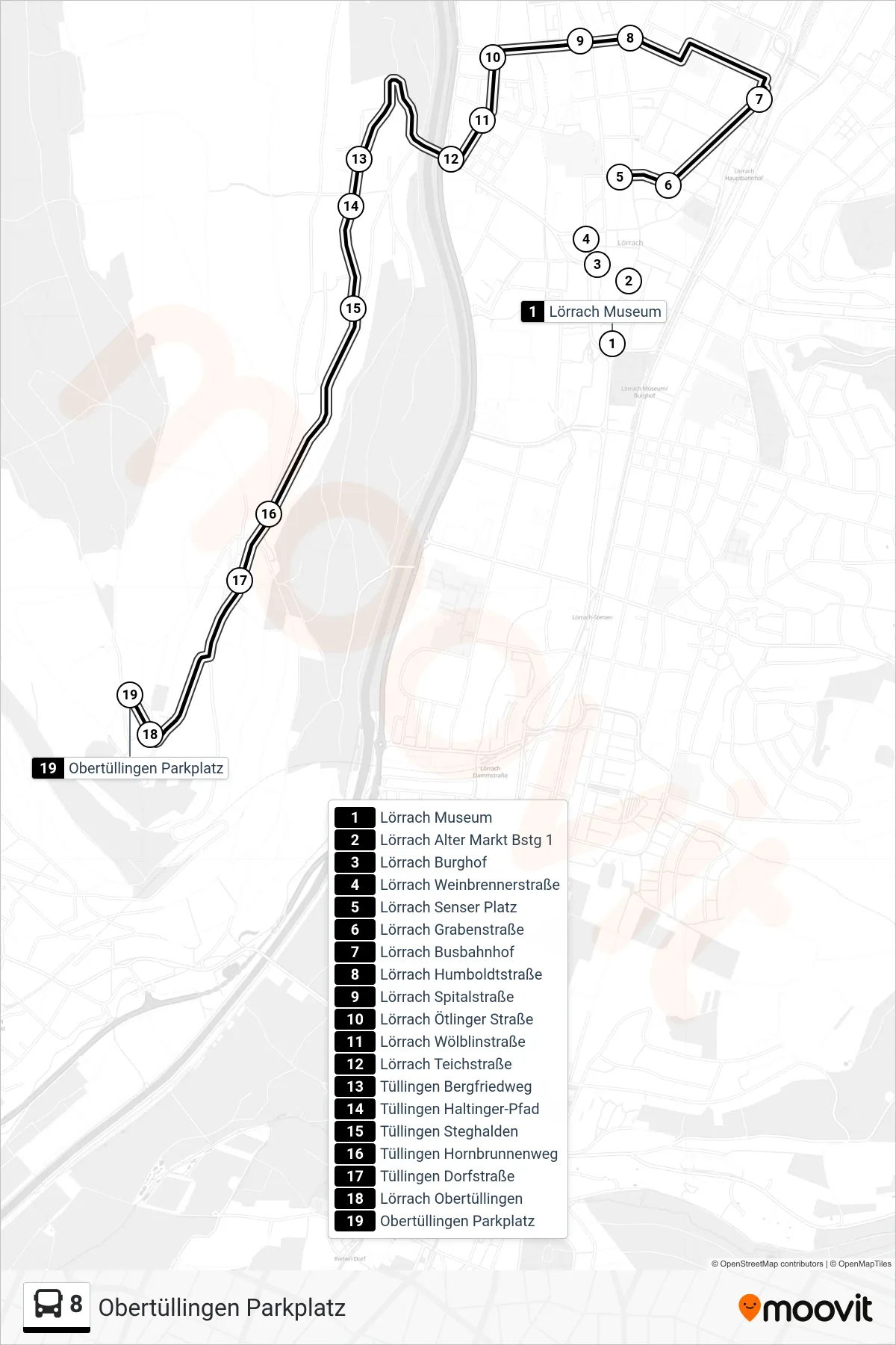8 bus Line (Obertüllingen Parkplatz) route and stops on a map