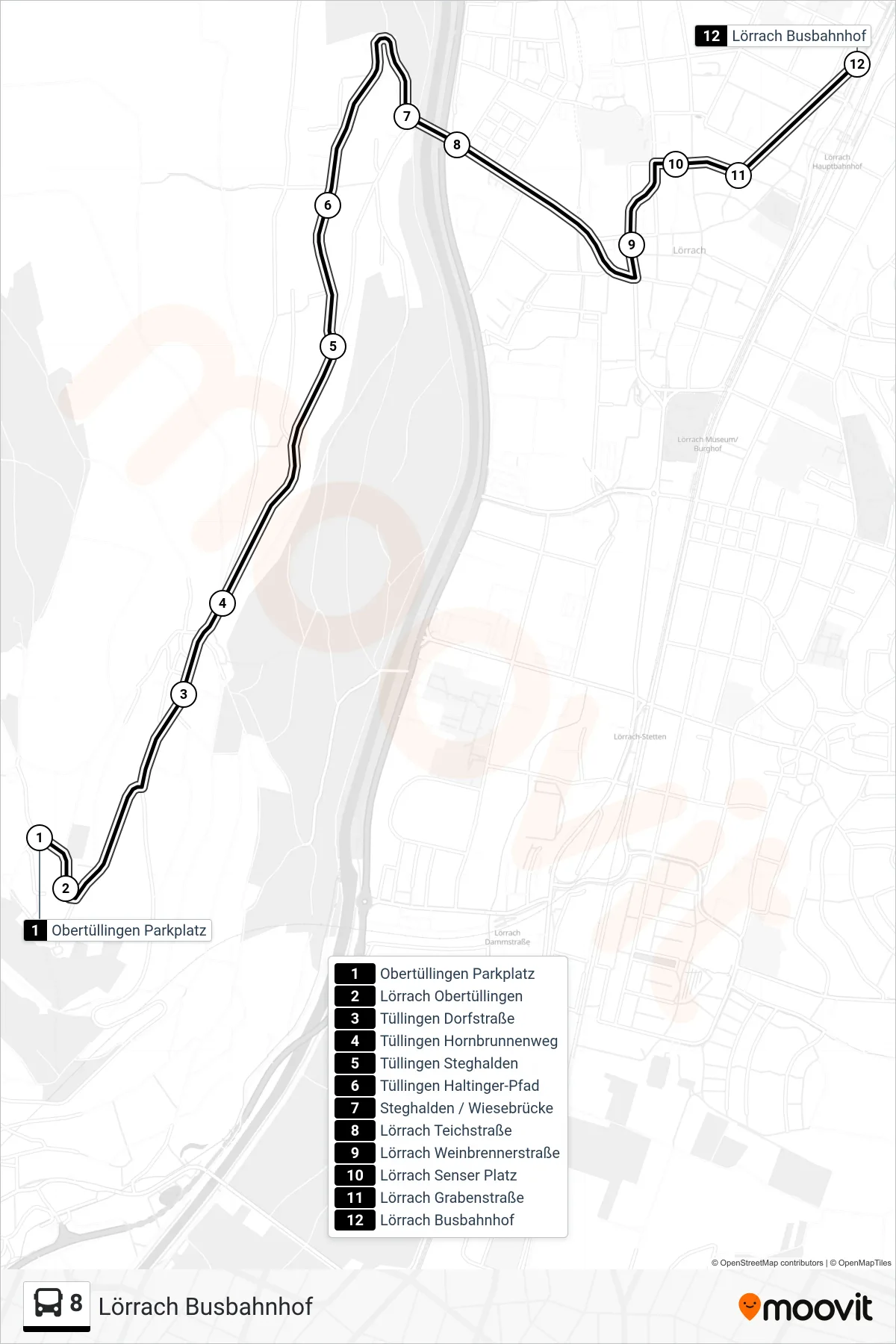 8 bus Line (Lörrach Busbahnhof) route and stops on a map