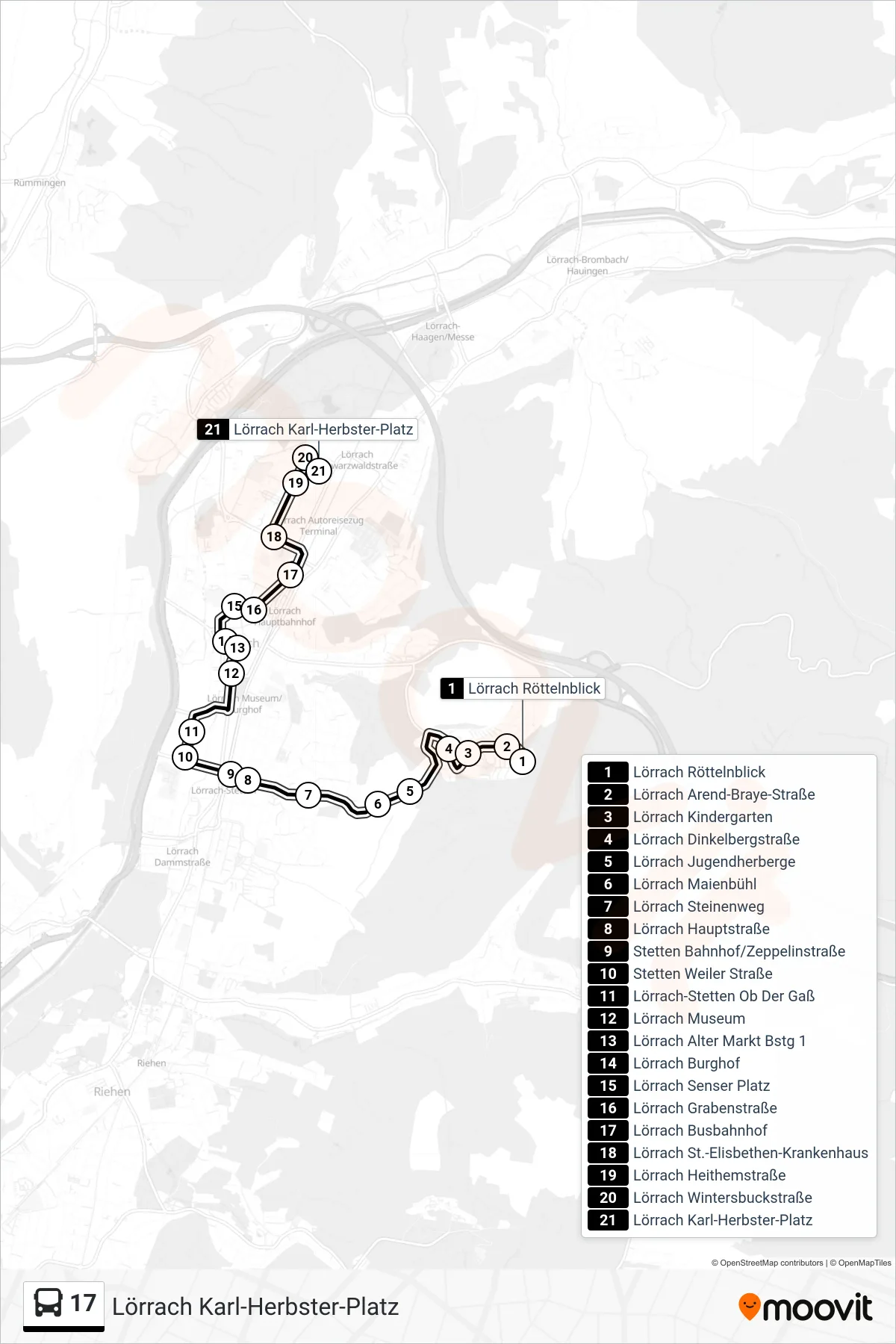 17 bus Line (Lörrach Karl-Herbster-Platz) route and stops on a map