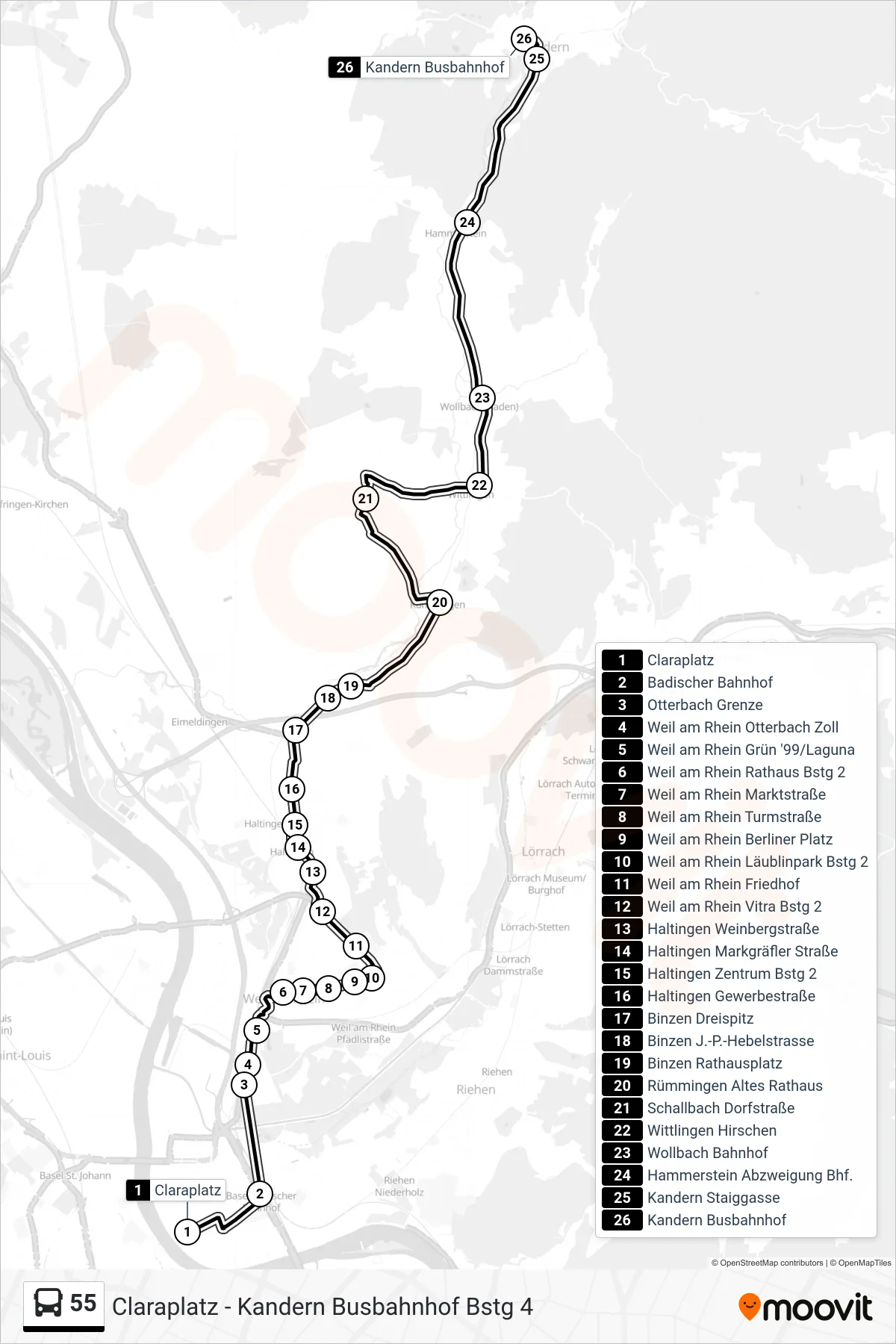 Linie 55 (Bus) Richtung Kandern Busbahnhof Bstg 4: Route und Haltestellen auf der Karte