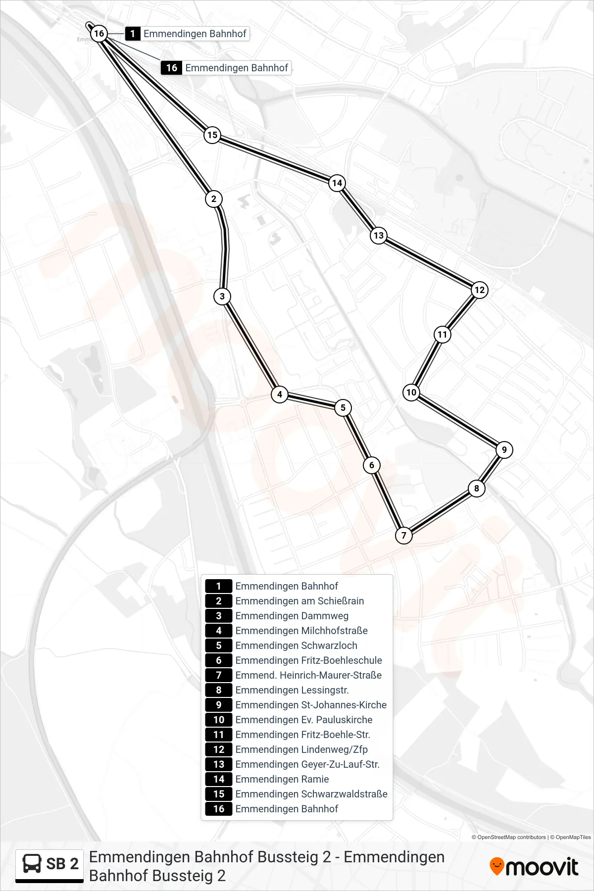 Linie SB 2 (Bus) Richtung Emmendingen Bahnhof Bussteig 2: Route und Haltestellen auf der Karte