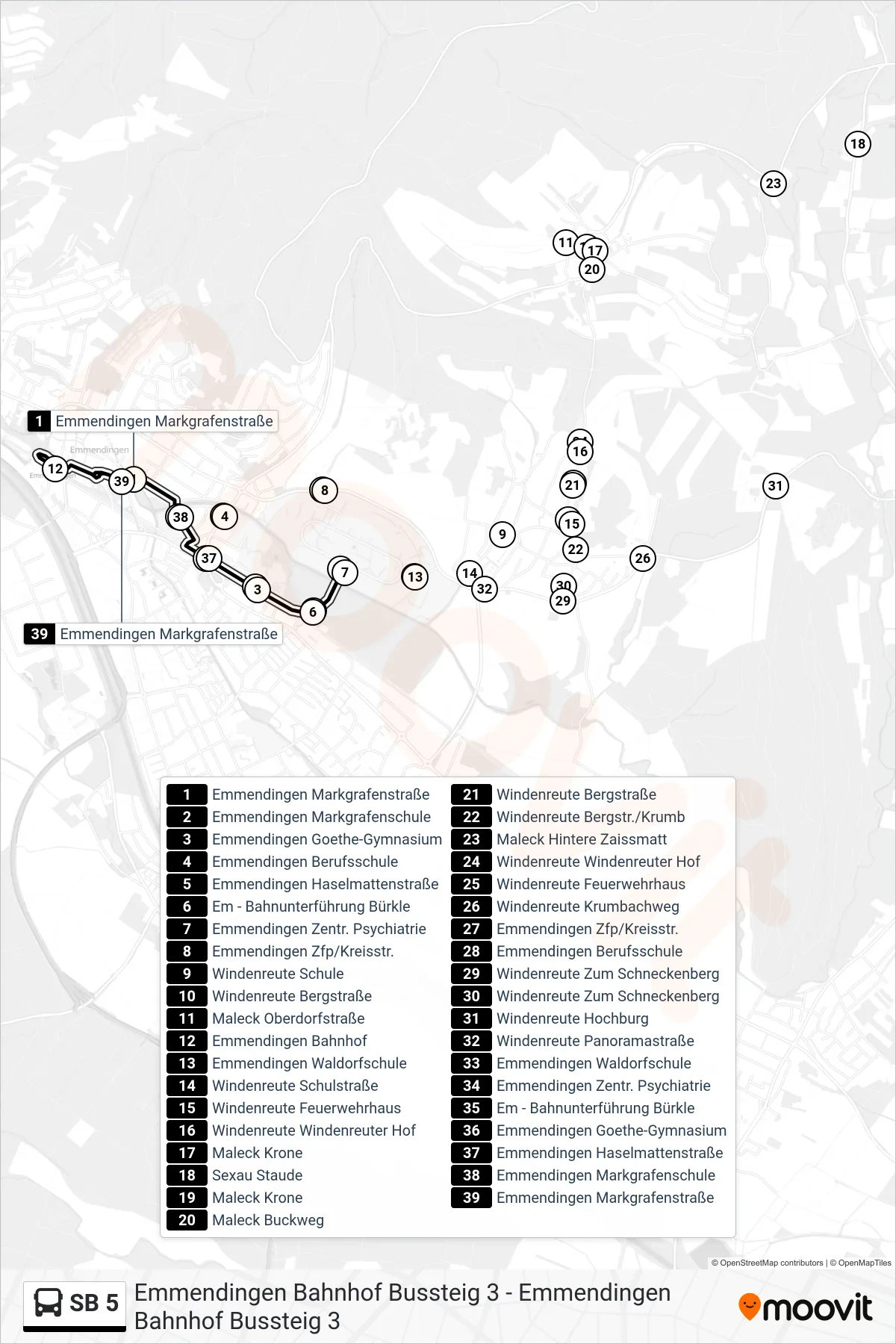 SB 5 bus Line (Emmendingen Bahnhof Bussteig 3) route and stops on a map